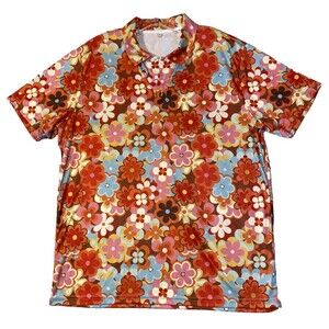 Shirt Mens Large Multicolor Retro 60s 70s Hippie Flower Power Short Sleeve